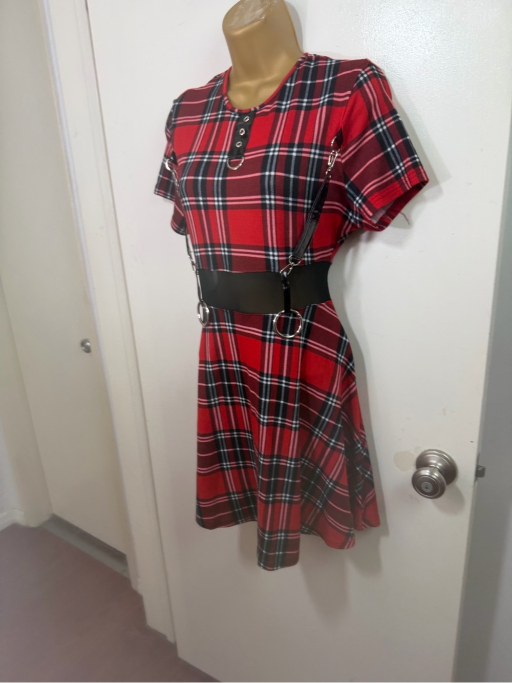 Devil Fashion X Dolls Kill Red Plaid Mesh Goth Punk Harness Dress S *NO CHAIN* - Picture 3 of 16